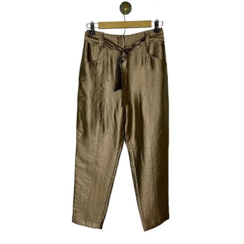 Current Air Los Angeles Gold Foil Olive Silky Satin Joggers Paperbag Pants XS